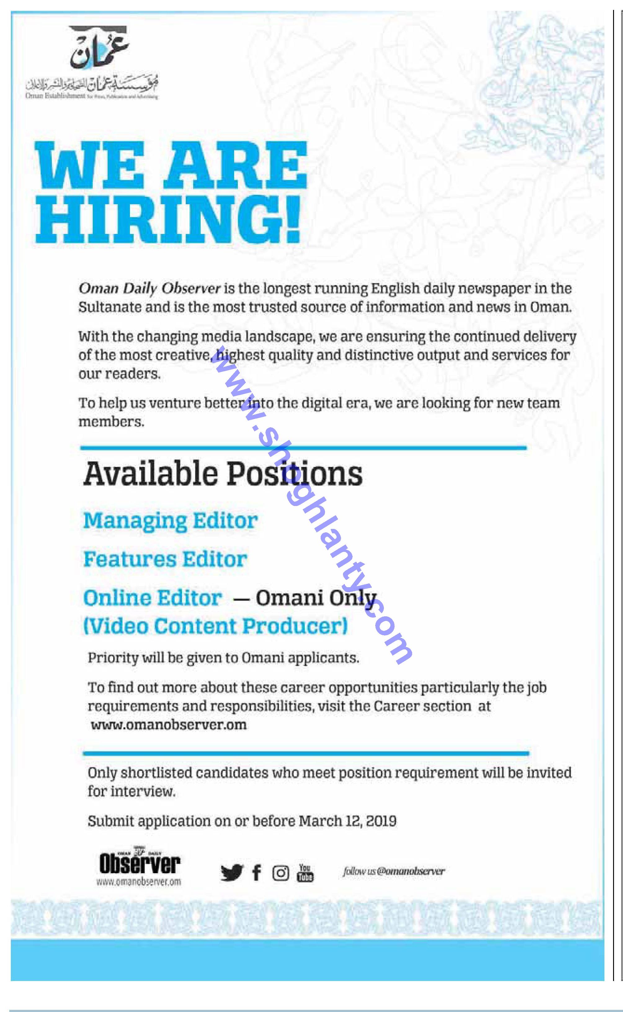 Jobs Editor Oman 26 February 2019